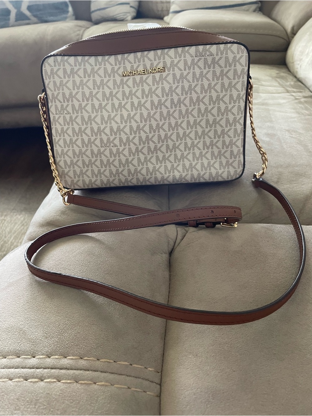 Michael Kors Vanilla MK Logo Crossbody with Brown Trim